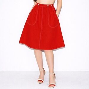 70s Vintage Red A-Line Wrap Skirt Womens S Patch Pockets Contrast Stitching Mod